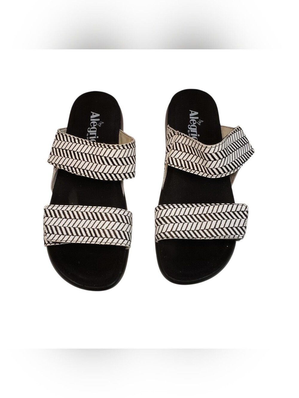 Alegria Women’s Black and White Double-Strap Slide Sandals